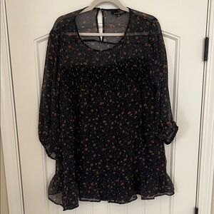 Suzanne Betro Navy Blue Sheer Blouse with Rust Floral Print. Sz 1X
